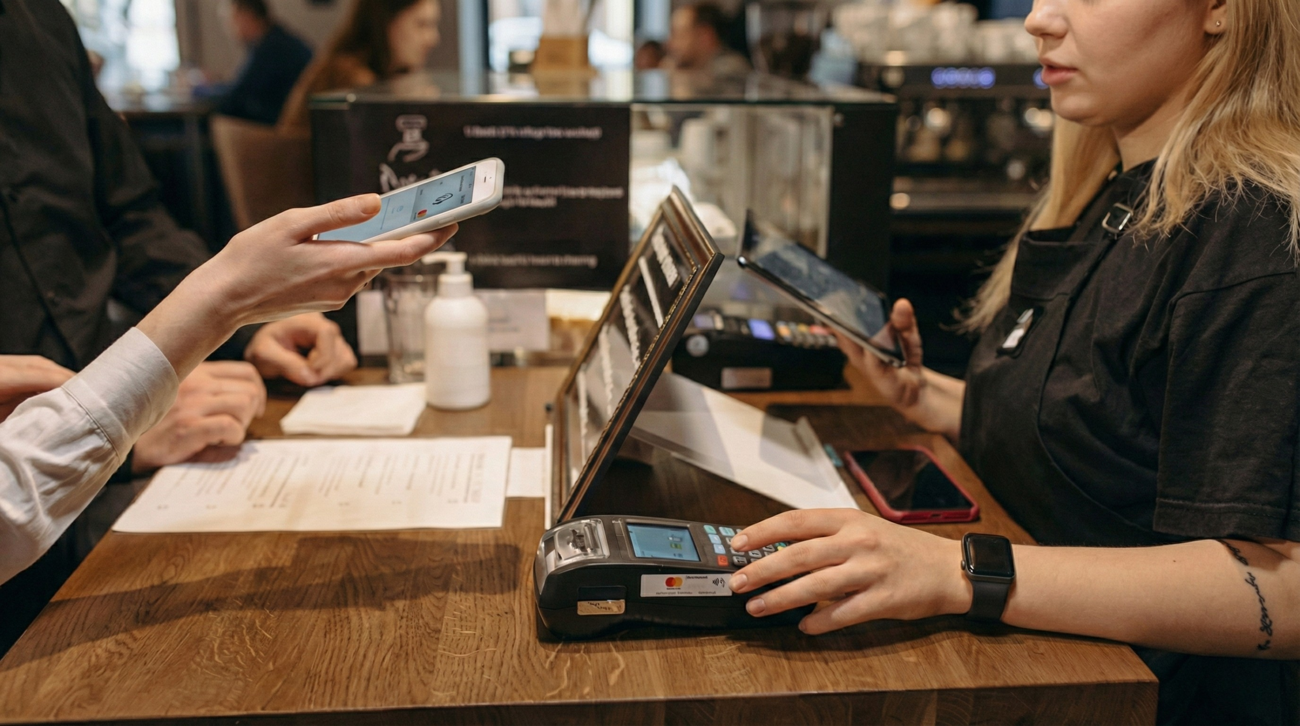 Retail Transaction At A Counter With A Customer Holding A Smartphone Near A Card Reader | Condor PH